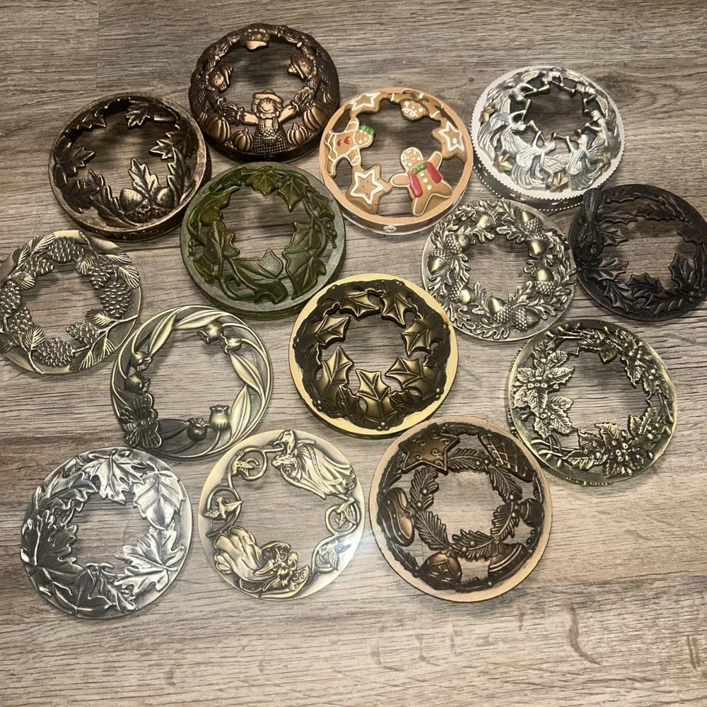 LOT OF‎ 13 Yankee Candle Illuma Lid Metal Candle Toppers Holidays Festive (READ)